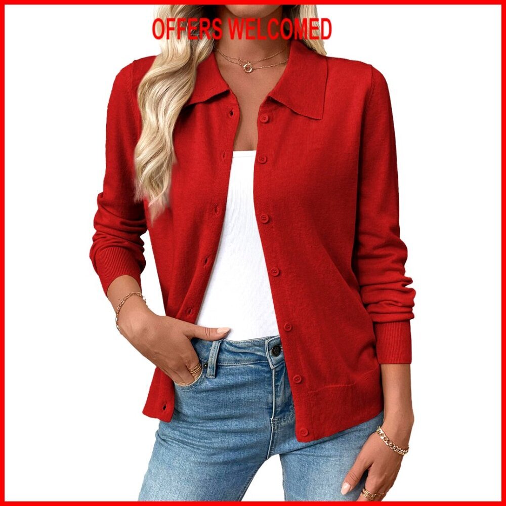 Lightweight Wool Blend Cardigan Sweater Long Sleeve Button Down Lapel Collar